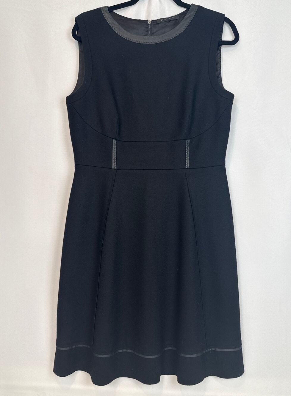 Elie Tahari Womens Black Wool Sheath Dress Size 10-12 Leather Trim Corpcore